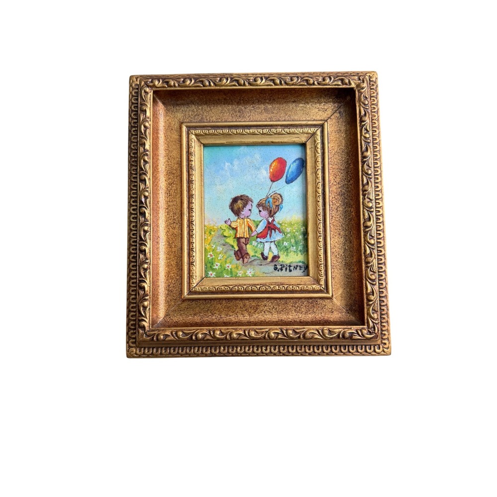 G. Pitney Cloisonne Enamel On Copper Children Balloons Gold Ornate Frame Vintage